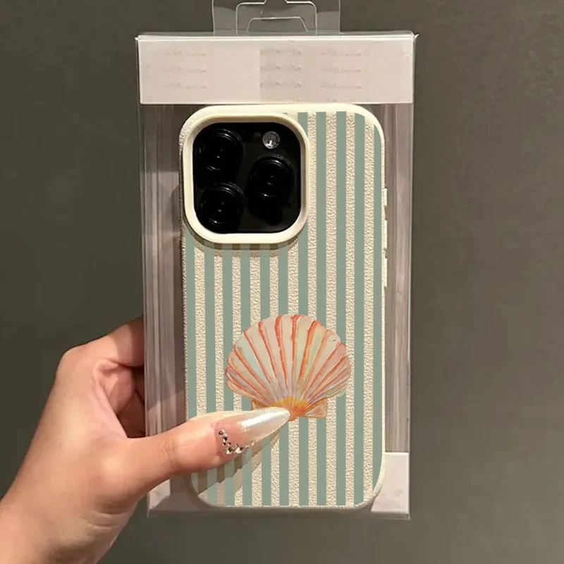 Fundas de teléfono con diseño de rayas de concha fresca para iPhone 16 15 14 13 12 Pro Max 11 16 Plus 16E, funda antideslizante a prueba de golpes con patrón de lichi - imagen 2