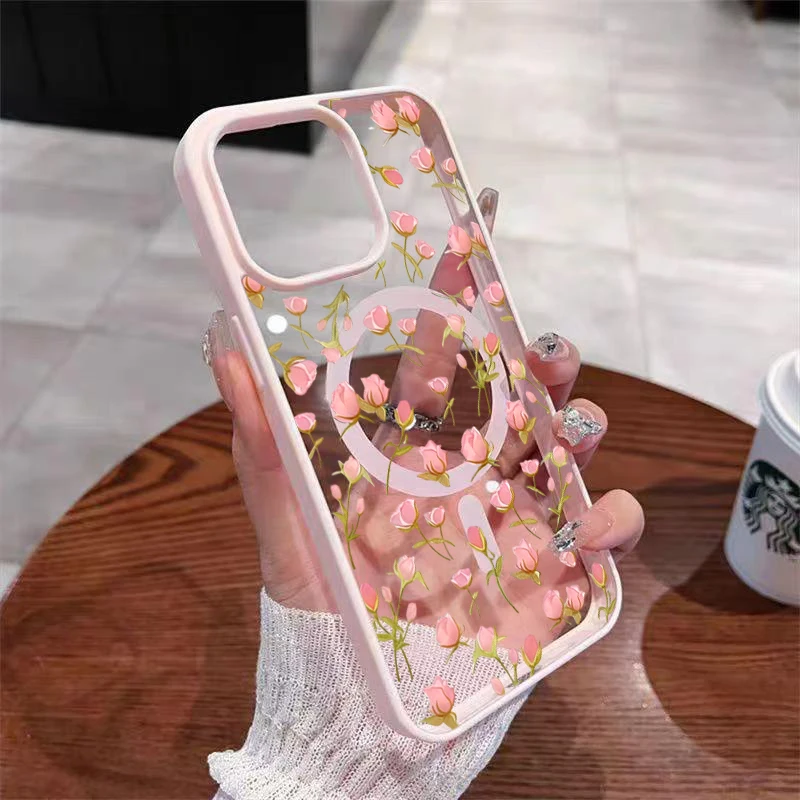 Para iPhone 17 16 15 14 13 12 Pro Max 11 funda rosa tulipán estampado magnético transparente cubierta de teléfono para iPhone 17 Air 16 15 Plus 16E Fundas - imagen 5