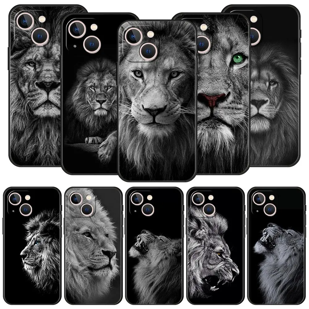 Funda de teléfono de lujo con animales salvajes de León para iPhone 13, 15, 14, 12 Mini 11 Pro MAX XR X SE XS 7 8 Plus, funda protectora negra de silicona