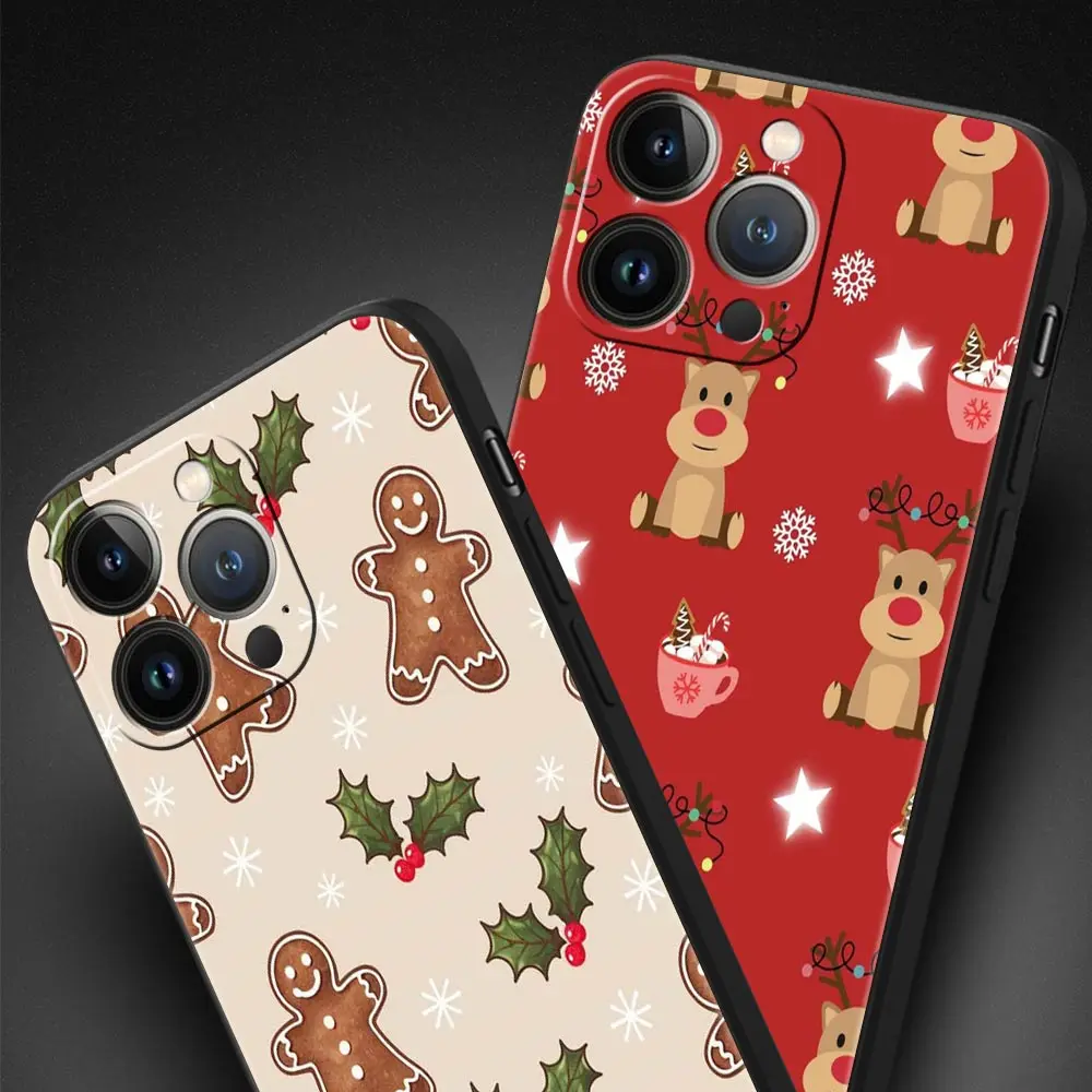 Funda de teléfono de lujo con dibujos navideños para iPhone 17 Air 16 Plus 13 15 14 12 11 Pro MAX 7 8 SE, funda negra de TPU suave - imagen 3