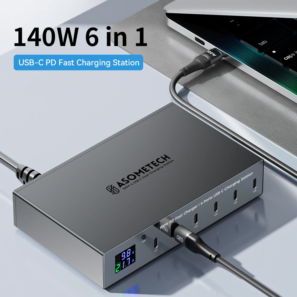 Cargador rápido PD de 140W y 6 puertos, estación de carga rápida multi USB-C de 30W con pantalla LED para IPhone 14 13 Pro Max Samsung Xiaomi Ipad - imagen 4