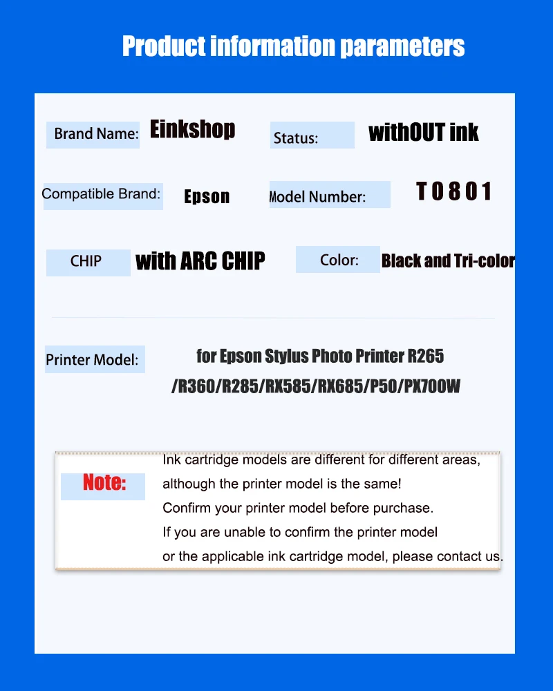 Cartucho de tinta recargable T0801-T0806 con Chip permanente para impresora fotográfica Epson Stylus R265/R360/R285/RX585/RX685/P50/PX700W - imagen 2