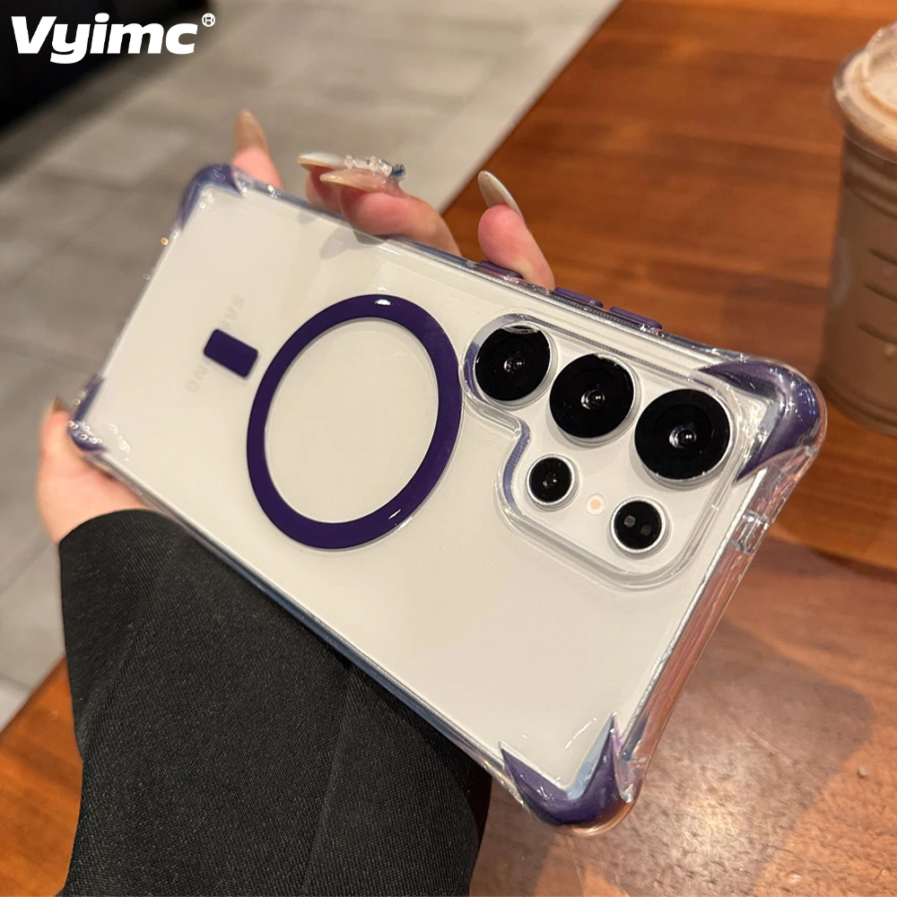 Para Magsafe funda de teléfono magnética transparente para Samsung S24 S25 Ultra Plus carga inalámbrica cuatro esquinas tapas protectoras anticaída - imagen 2