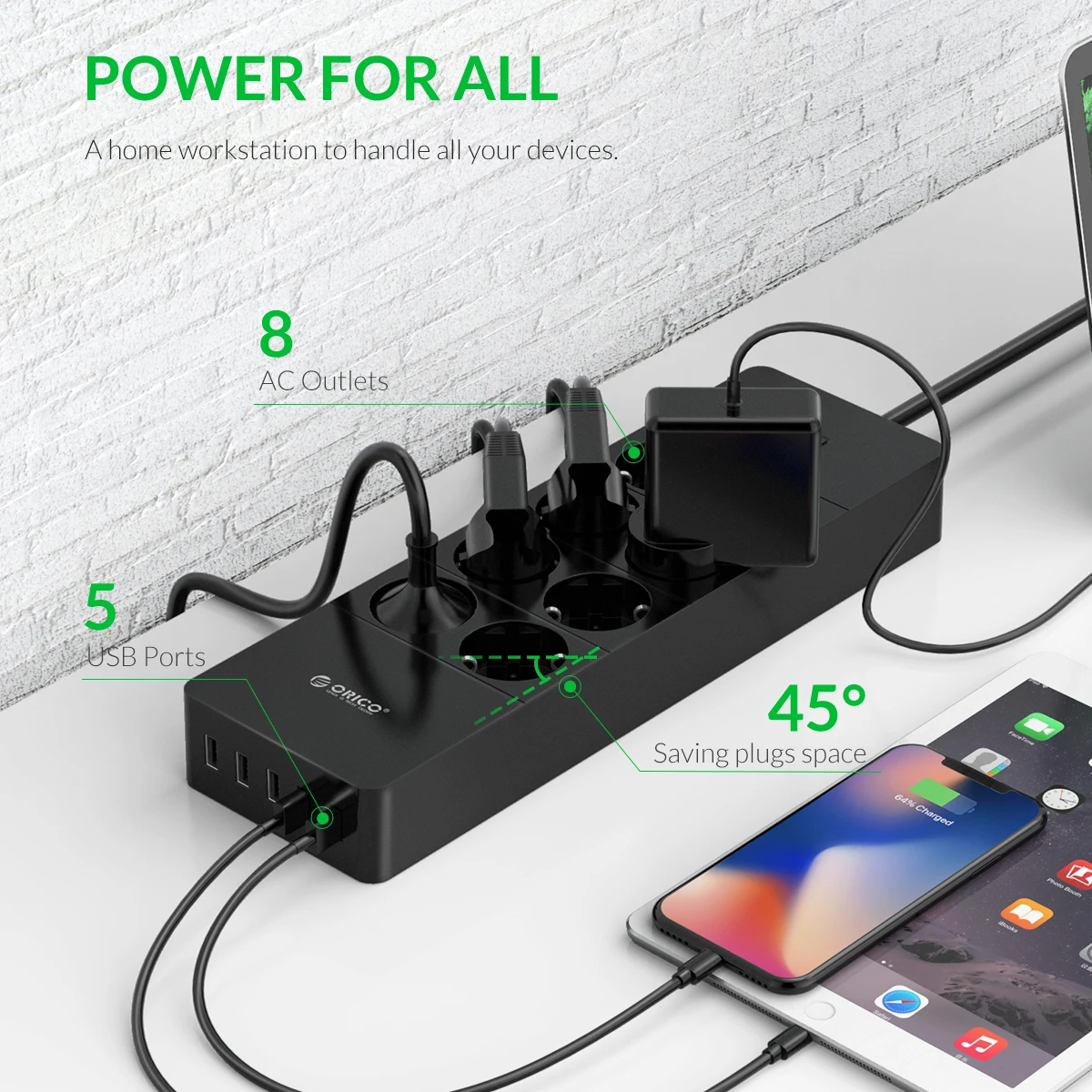 ORICO Regleta Enchufes de 8 Tomas con 5 USB Puertos (Super Charger) - Inteligente Tecnología IC con Múltiples Protección - Carga para Samsung iPad iPhone Tablets y Otros Dispositivos (Negro - imagen 3