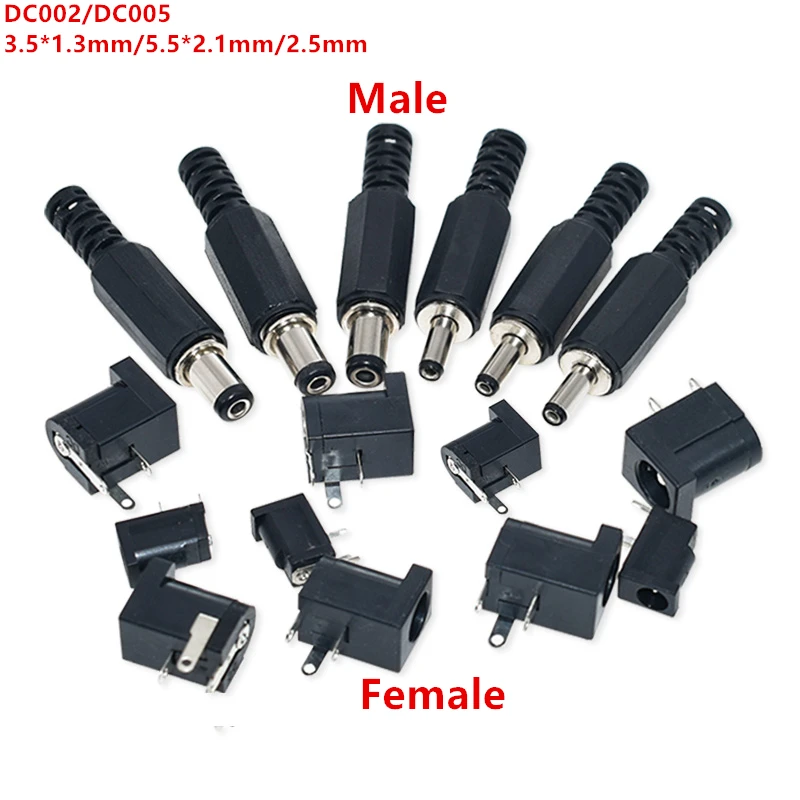 10 Uds DC-002 DC-005 3,5*1,3mm 5,5*2,1mm/2,5mm conector de toma de corriente CC negro DC002 DC005 enchufe macho/hembra enchufe macho CC