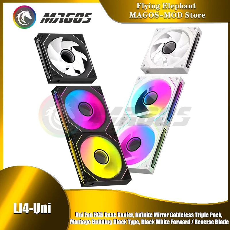 Uni Fan-enfriador de caja RGB, negro/blanco, paquete triple sin cables con espejo infinito, tipo de bloques de construcción de montaje, hoja inversa/avanta - imagen 3