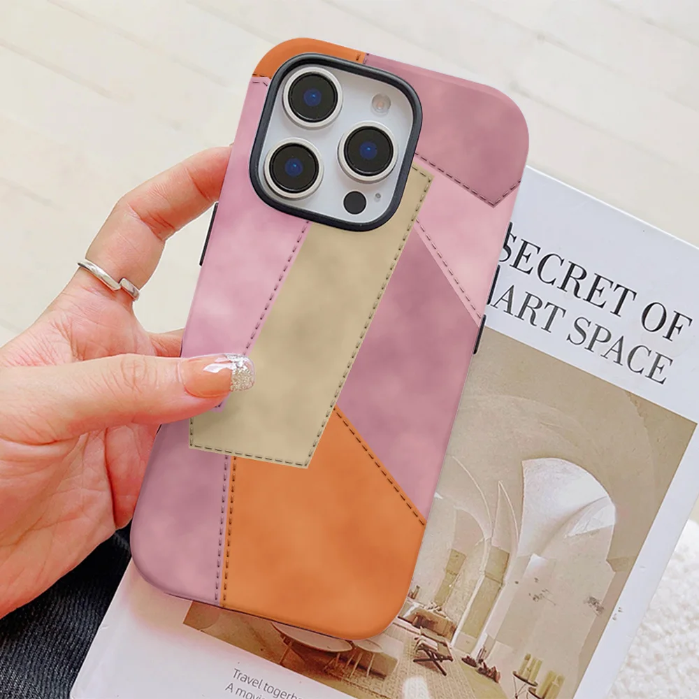 Funda de teléfono con diseño de retazos de cuero para iPhone 16, 15, 14, 13, 12, 11 Pro Max Plus, funda trasera magnética de lujo de doble capa - imagen 3