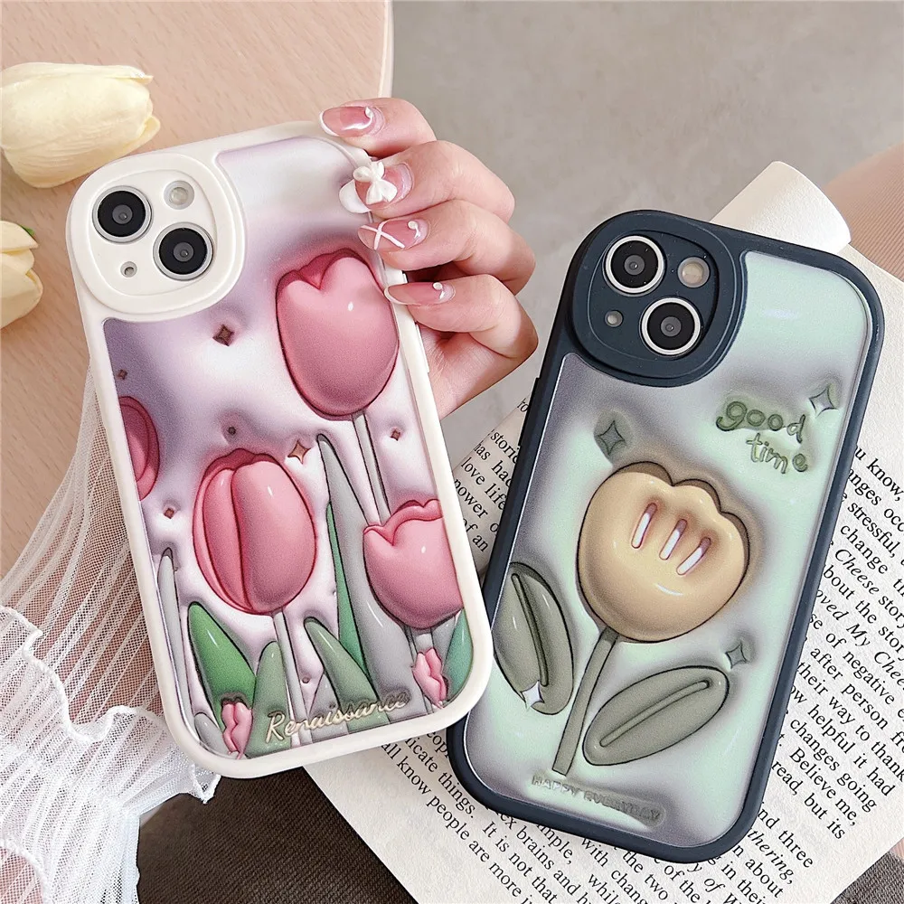 Funda de teléfono con pintura 3D de flores de tulipán para iPhone 14, 13, 12, 11 Pro Max, XR, XS, X, 7, 8, 6, 6S Plus, SE 2020, protección de cámara - imagen 2