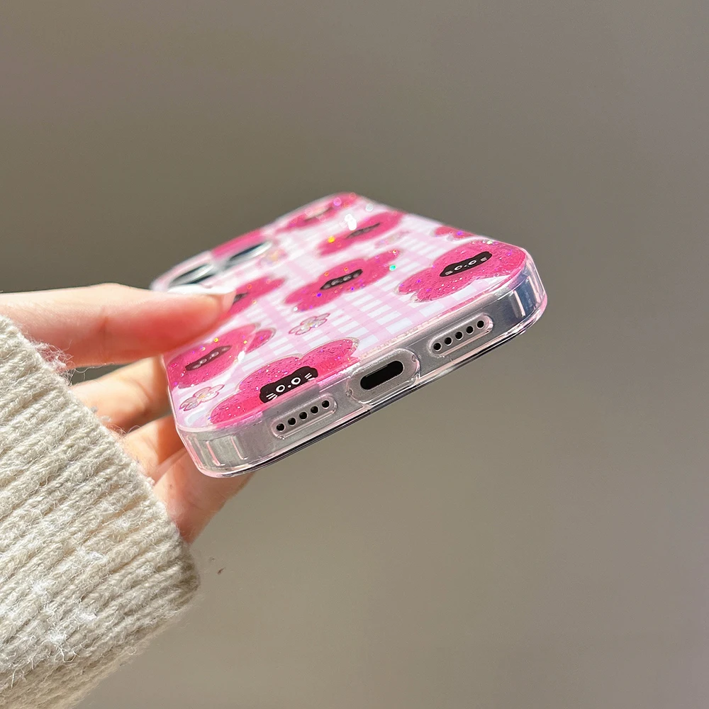 Lindo patrón de rejilla rosa para Iphone 17Promax funda con purpurina de gato negro de dibujos animados para iPhone 14 15 16 Pro Max 17 pro cubierta a prueba de golpes - imagen 5