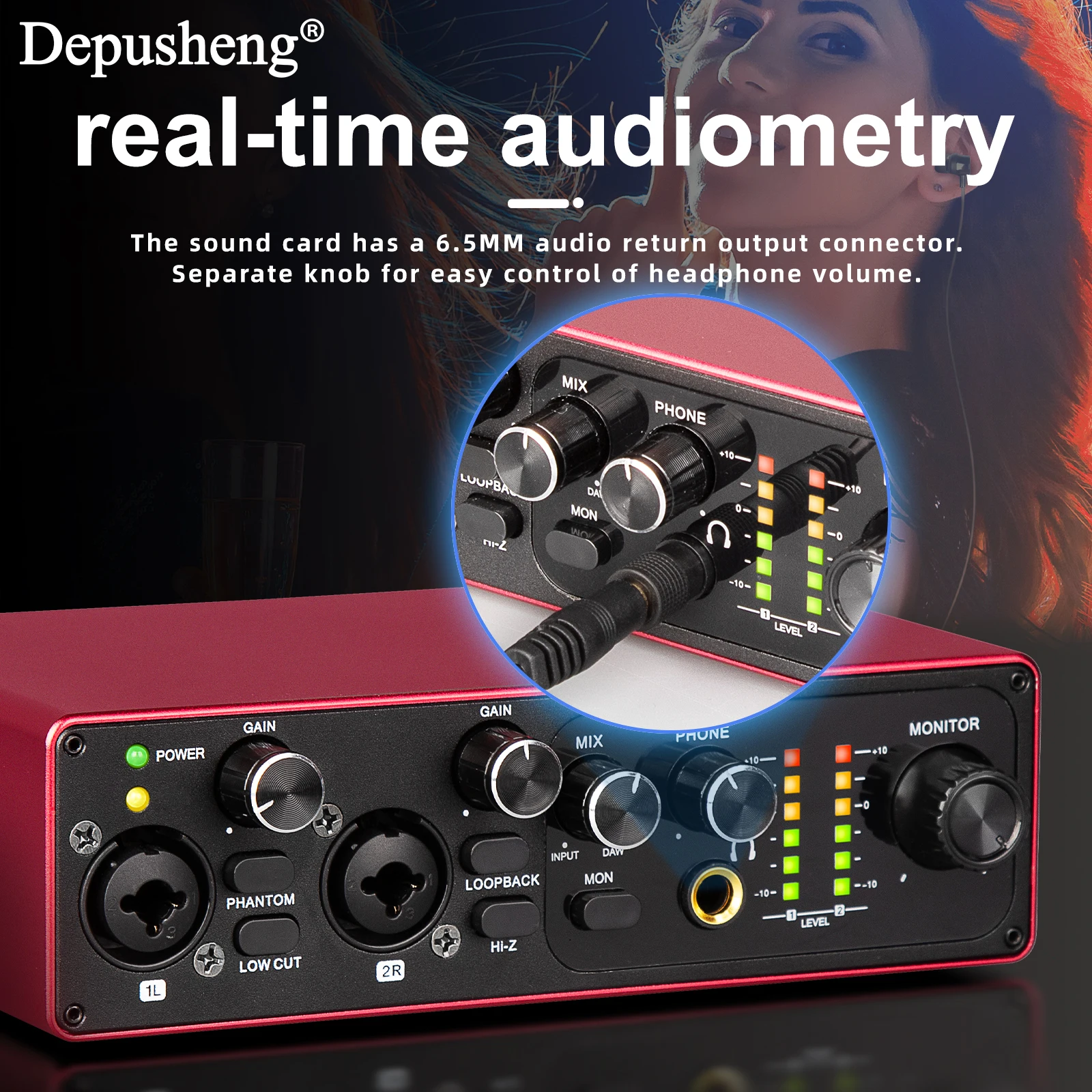 Tarjeta de sonido profesional Depusheng MK22P interfaz de Audio USB 48v fuente de alimentación fantasma para estudio en vivo Streaming Podcasts - imagen 5