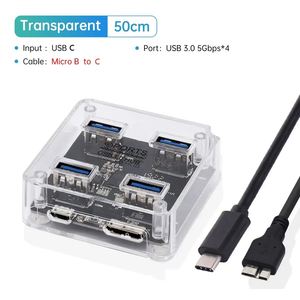 Concentrador de USB-A transparente Hub USB C 3 0, divisor de transmisión de datos USB, carga para teléfono móvil, PC, portátil, Macbook, ordenador y tabletas - imagen 5