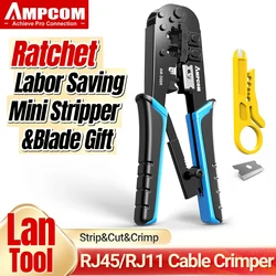 AMPCOM Alicate Crimpado RJ45/ RJ11 – Corta, Pela y Presiona