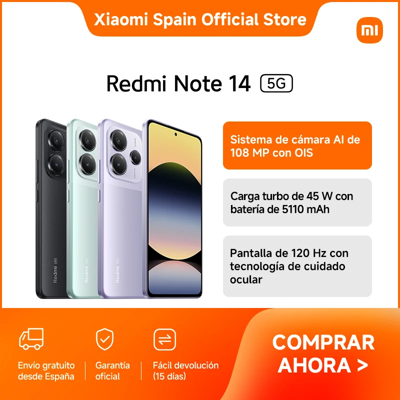 Official | Redmi Note 14 5G, Sistema de cámara AI de 108 MP con OIS, Carga turbo de 45 W con batería de 5110 mAh, Pantalla de 120 Hz con tecnología de cuidado ocular