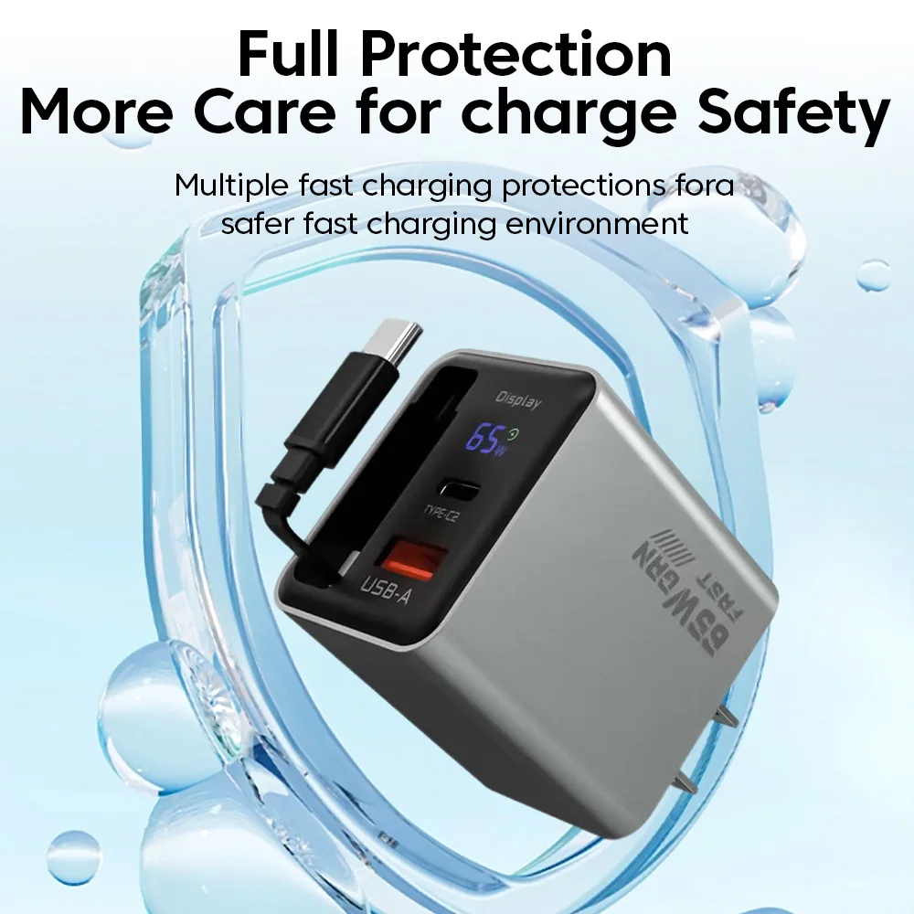 Cargador USB C de 65W con Cable retráctil, cargador de teléfono móvil con pantalla Digital, adaptador de carga rápida para iphone 15 16 17 Samsung - imagen 4