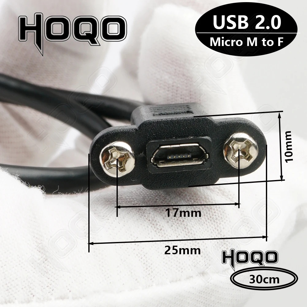 10 Uds Cable de extensión MicroUSB macho a hembra 30cm, USB 2,0 Micro USB paso 17mm con tornillos orificio de montaje en Panel - imagen 3