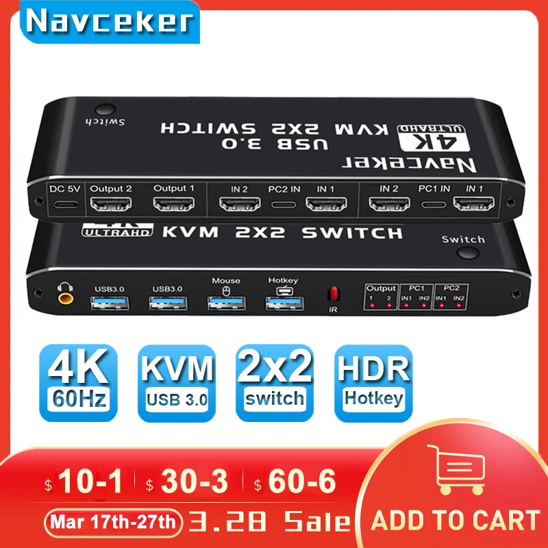 Navceker-conmutador KVM compatible con HDMI, 4K, 60Hz, 2 puertos, Monitor Dual, USB 3,0, 1080P, USB, con puerto USB 3,0 - imagen 2