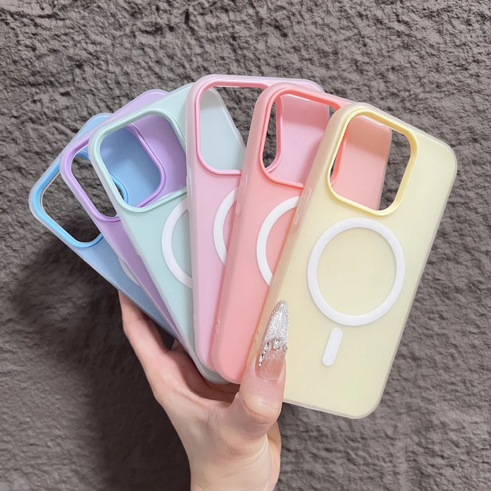 Funda de teléfono de carga inalámbrica magnética de Color caramelo 2 en 1 de lujo para iPhone 11 13 14 15 16 Pro Max 12 TPU a prueba de golpes + Funda de PC