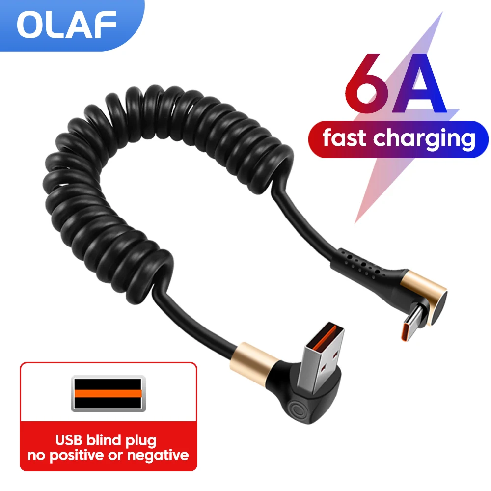 Cable de datos de resorte retráctil de 1M, Cable USB tipo C 6A, Cable de datos de codo de 90 grados de carga rápida para iPhone16 15, Cable USB C Samsung