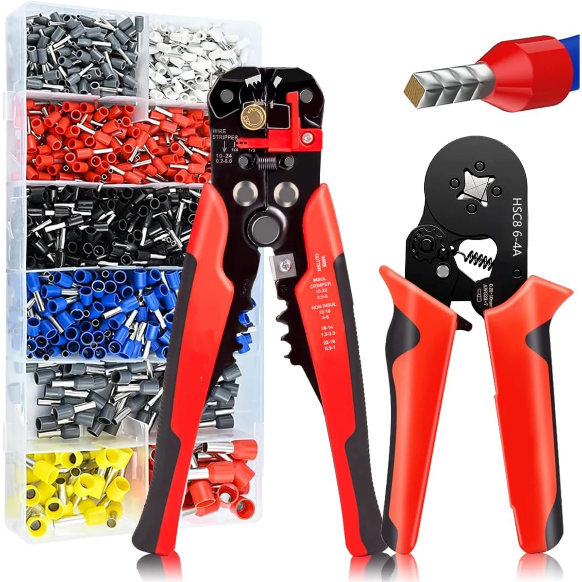 Kit de herramientas para engarzar virolas, engarzadora de virolas AWG 23-7, con engarzadora y pelacables automático, kit surtido de terminales de virola