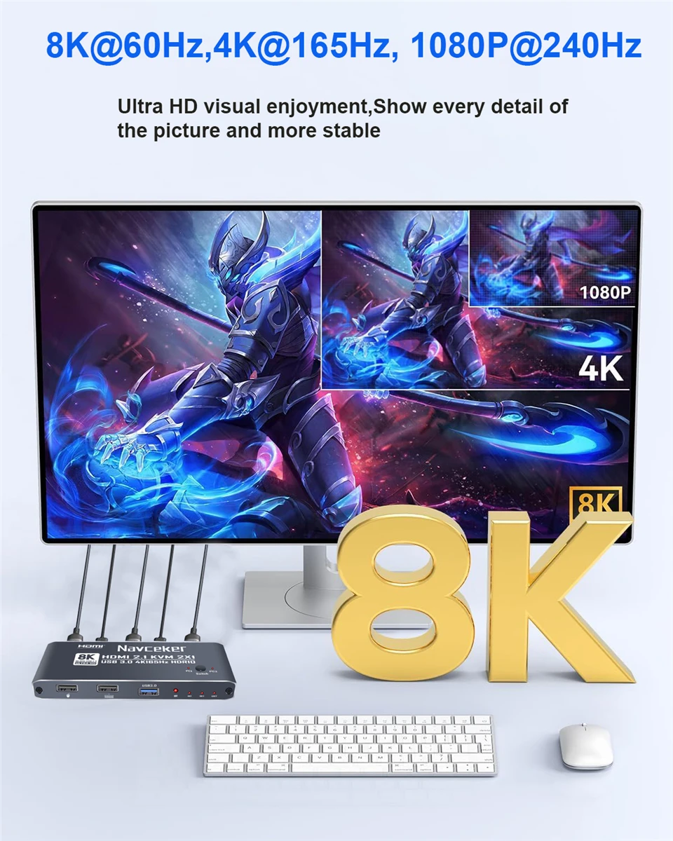 Navceker KVM Switch 8K 60Hz HDMI 2 PC 4K 165Hz USB 3,0 HUB estación de acoplamiento Dock 2 ordenador PC compartir 3 USB teclado ratón impresora - imagen 4