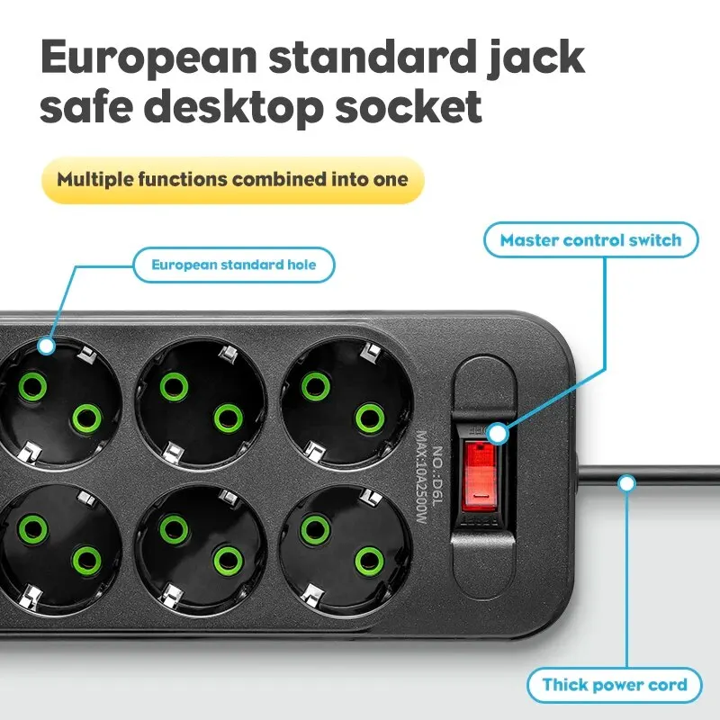 Regleta de corriente alterna con enchufe europeo, cable de extensión multitoque, enchufe eléctrico con 4 puertos USB, carga rápida, filtro de red multifunción - imagen 2