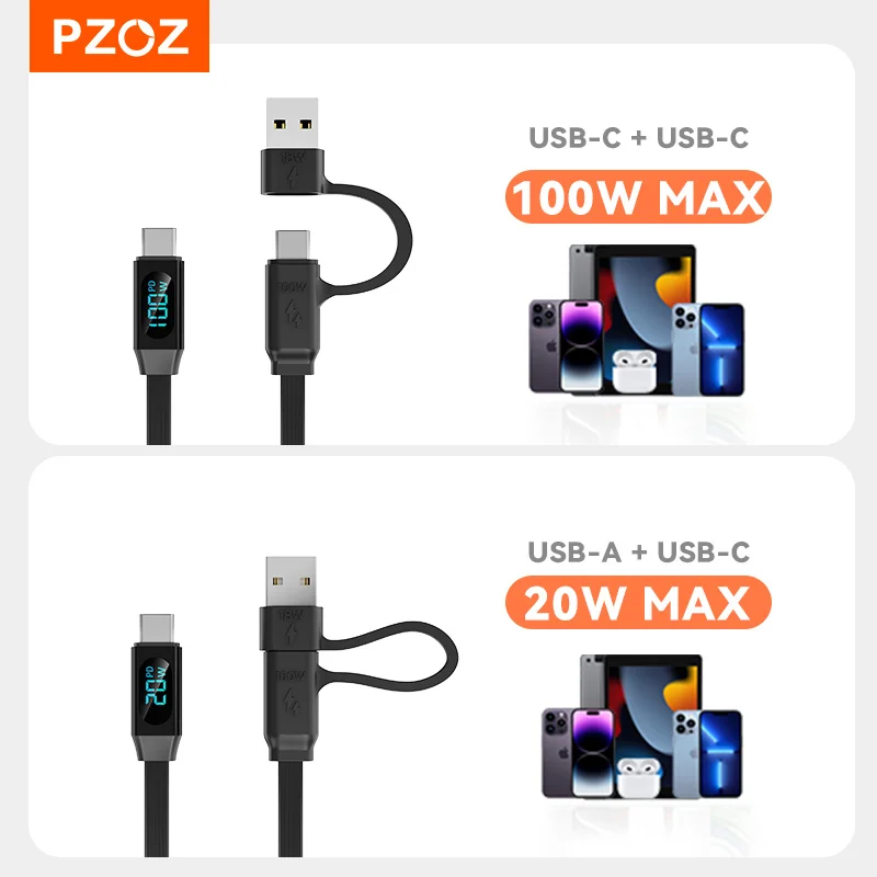 PZOZ 100W C to C Retractable Cable USB to Type C Lightning Digital Display PD Fast Charging Cable Data Wire For iPhone 17 16 14 - imagen 3