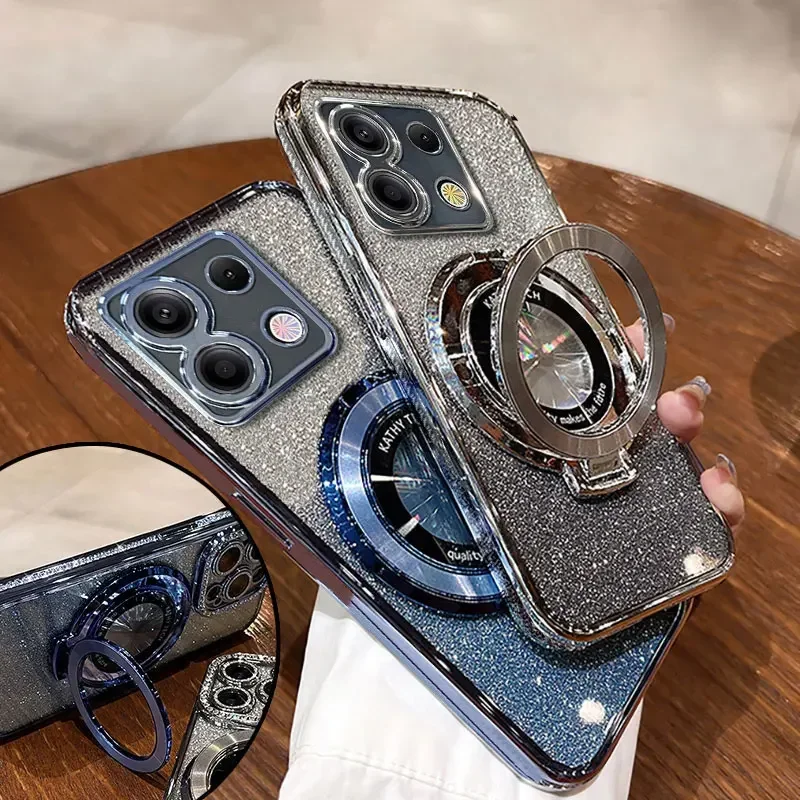 Funda RedmiNote13 pro 4G de lujo con soporte de succión magnética, funda con purpurina para Xiaomi Redmi note 13 pro 4G 12 13C - imagen 2