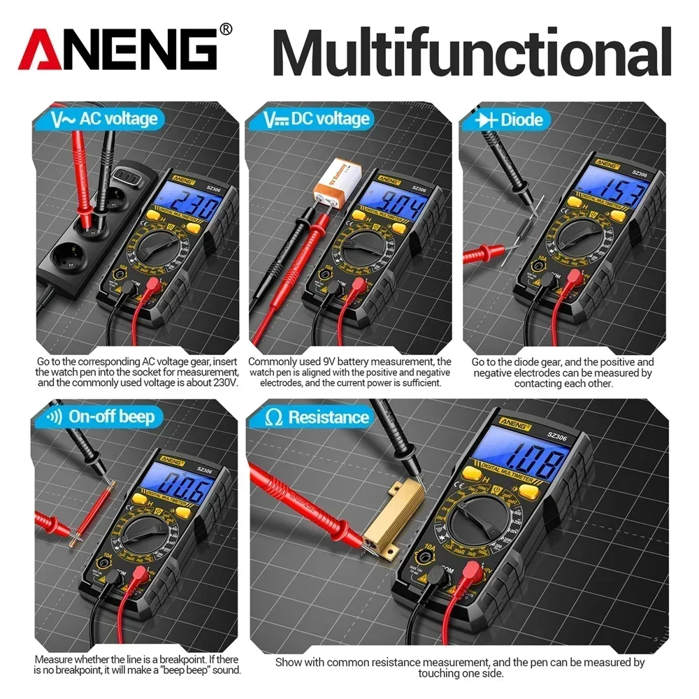 ANENG-probador de multímetros digitales SZ306, resistencia de diodo de 1999 recuentos, voltímetro de corriente de voltaje CA/CC, herramientas de prueba de pantalla retroiluminada azul - imagen 4