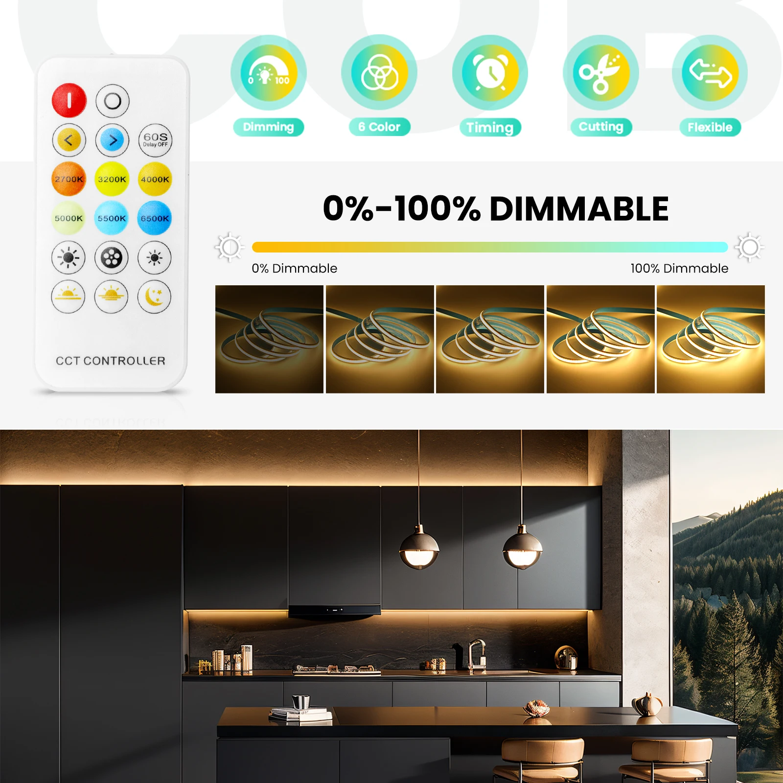 Tira de luz LED COB CCT de 24V, 576LEDs/m, alta densidad, doble Color, RA90, regulable, 2700K a 6500K, cinta Led cambiante con Kit de 17 teclas - imagen 4