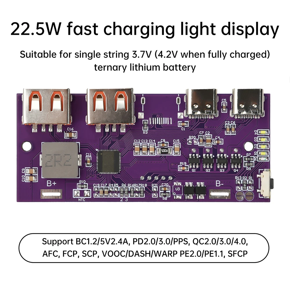 QC4 + PD3.0 LED tipo C USB 22,5 W banco de energía móvil placa de circuito de carga rápida 3,7 V módulo de carga de batería de litio ternario - imagen 3