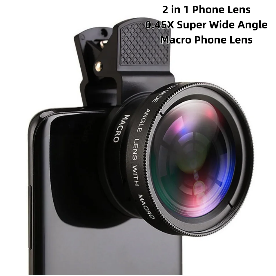 Lente de cámara para teléfono móvil Kit de lentes con clip 2 en 1 37 mm 0,45X 49UV Lente súper gran angular y macro HD