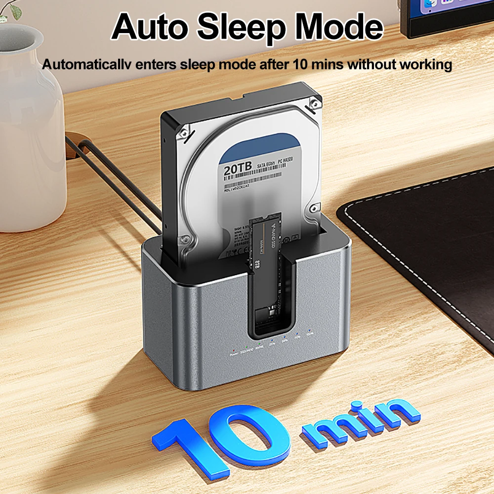 Caja HDD de doble bahía, estación de acoplamiento, clon sin conexión SATA a USB 3,0, carcasa externa de disco duro para HDD de 2,5/3,5 pulgadas, M.2 NVME SSD - imagen 4