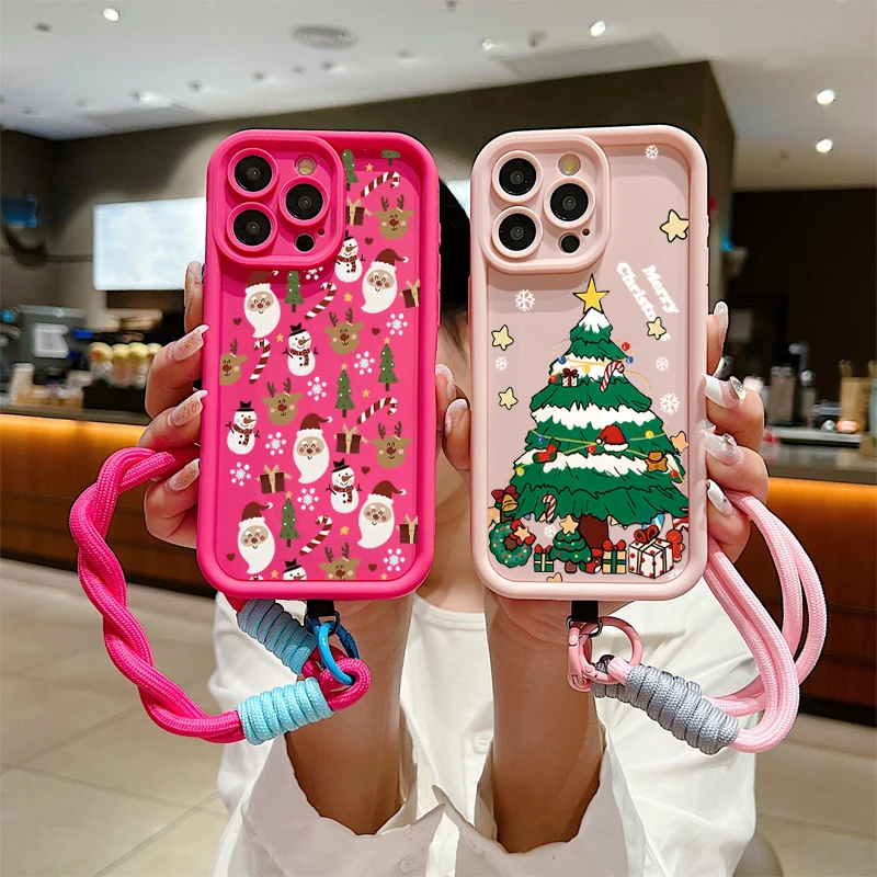 Funda de teléfono con cuerda y cordón con patrón de Feliz Navidad para iPhone 17 16 15 14 13 12 11 Pro Max X XS XR 7 8 Plus 16E, funda suave de silicona