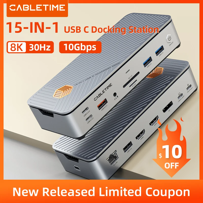 CABLETIME USB C estación de acoplamiento tipo C 8K Dock C Hub a HDMI DP USB 3,2 1000Mbps PD 100W 10Gbps M.2 SSD para MacBook Dell portátil - imagen 2