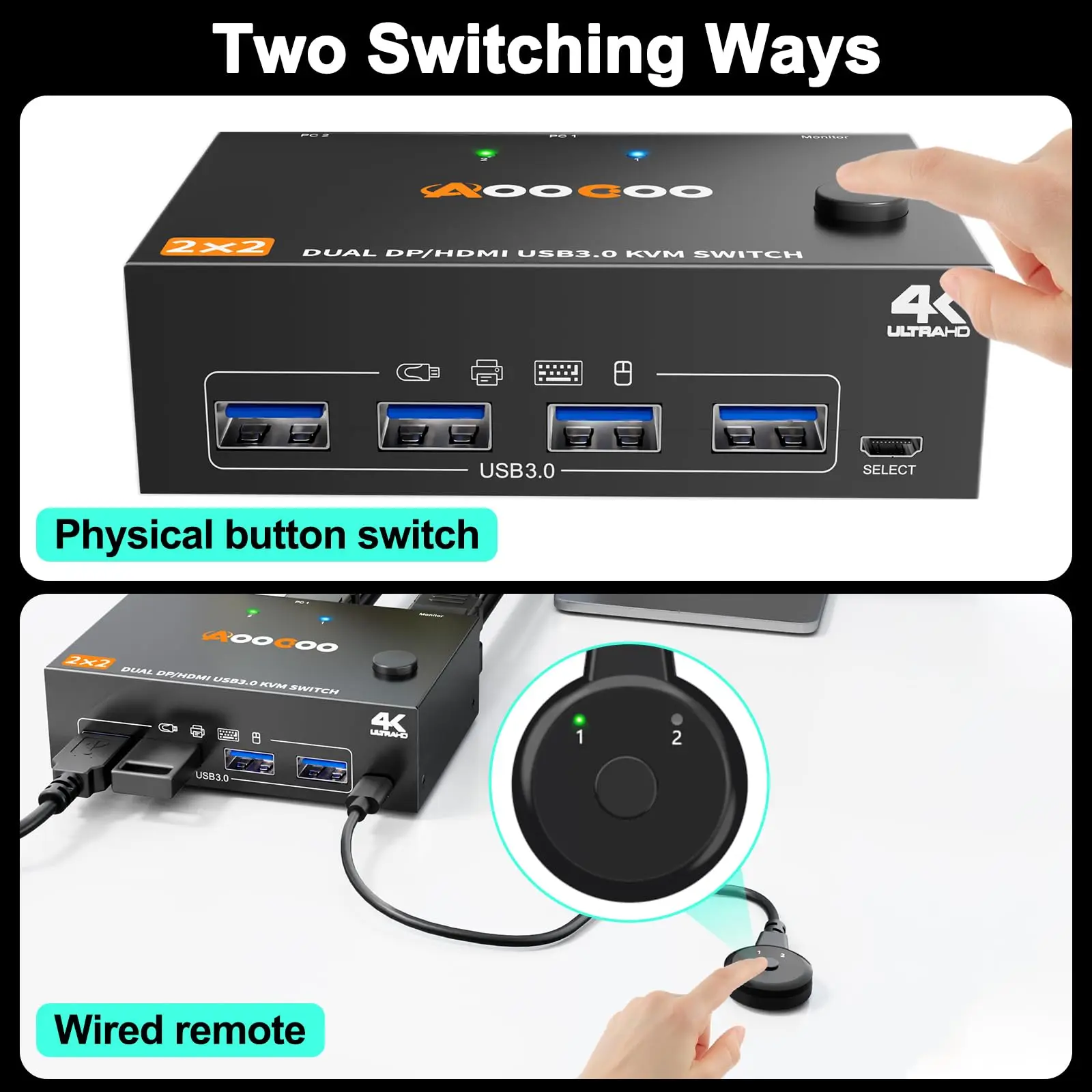 Conmutador KVM 4K HDMI Displayport 2 monitores 2 PC, conmutador KVM 4K @ 60Hz/2K @ 120Hz con puerto USB 3,0, control remoto con cable y Cables USB3.0 - imagen 5