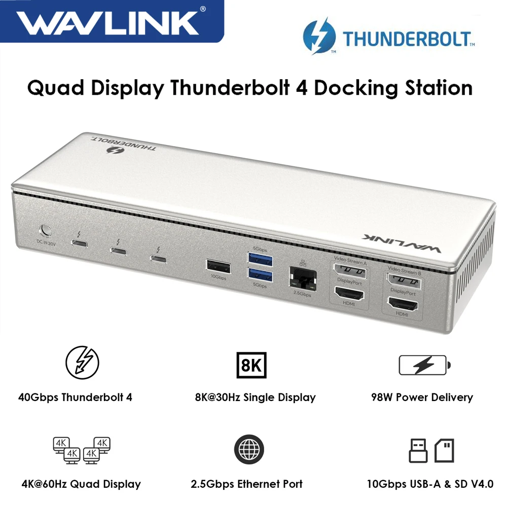 WAVLINK-estación de acoplamiento Thunderbolt 4 Quad Display Dock, 2,5G, 40Gbps, 8K @ 30Hz, Quad 4K @ 60Hz, 98W, carga de ordenador portátil para Mac