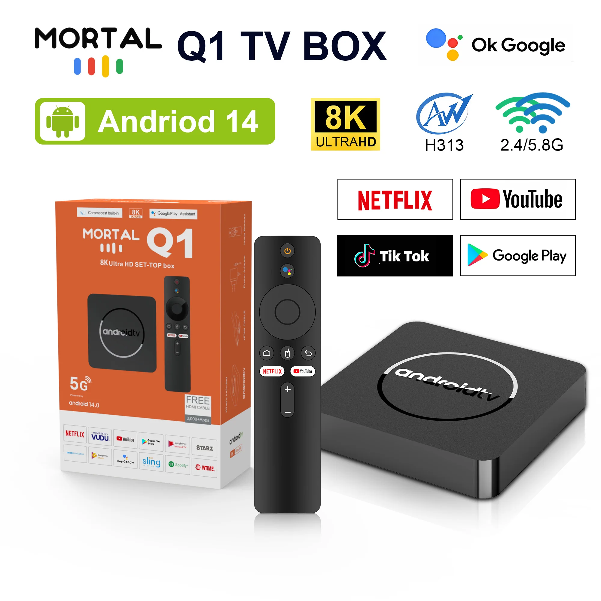 Caja de TV Android Mortal Q1 con procesador Allwinner H313, compatible con wifi 2.4G/5.8G, Bluetooth 5.2, Asistente de Google, 2 GB de RAM, 16 GB de ROM y 8 GB de ROM. Caja de TV inteligente para el hogar.