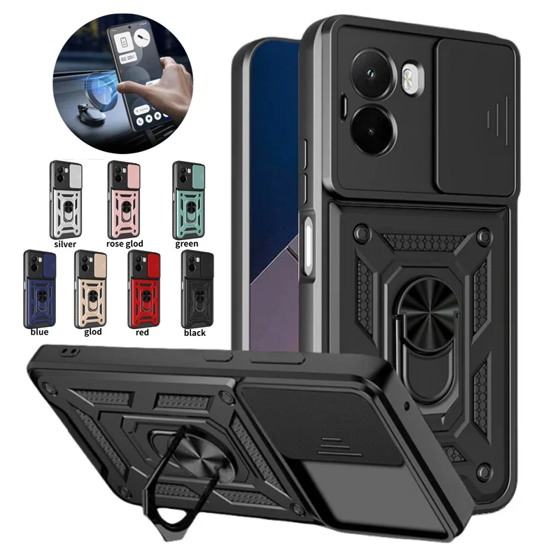 Para Xiaomi Poco M7 4G lente de cámara deslizante protección funda de teléfono para POCO M7 M 7 PocoM7 4G anillo soporte híbrido cubierta a prueba de golpes