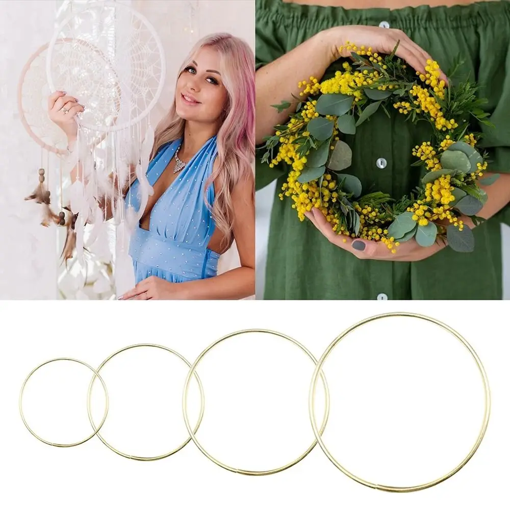 Campana de viento para boda, anillos de aro hechos a mano, soporte de guirnalda de flores para atrapasueños DIY, aro de anillo de Metal dorado, 1/2/4 Uds. - imagen 5