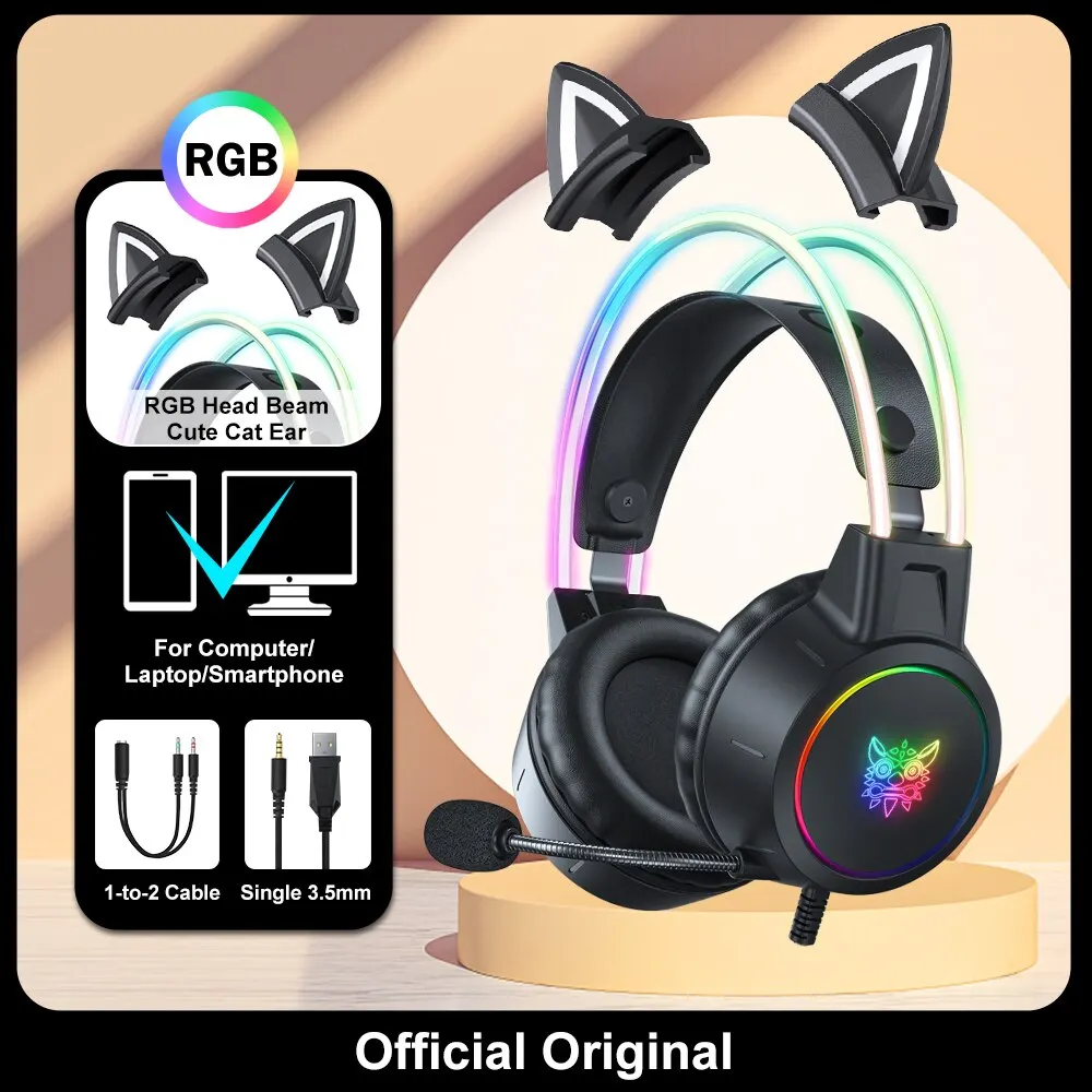 ONIKUMA-auriculares X15 Pro para videojuegos, cascos por encima de la oreja con cancelación de cable, orejas de gato rosas, luz Rgb con micrófono para PC y PS4 - imagen 3
