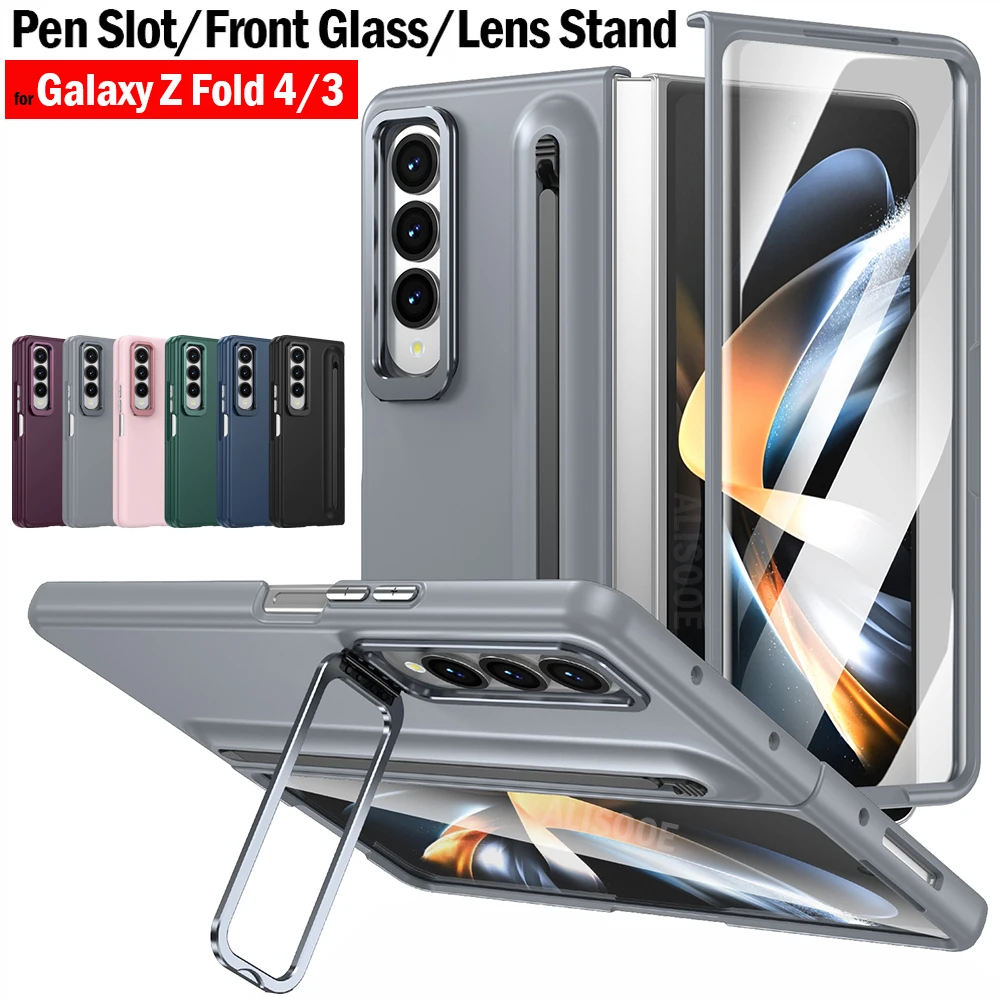 Con ranura para lápiz óptico Funda para Samsung Galaxy Z Fold 4 Fold 3 Funda frontal de cristal lente de Metal soporte PC cubierta de plástico Capa