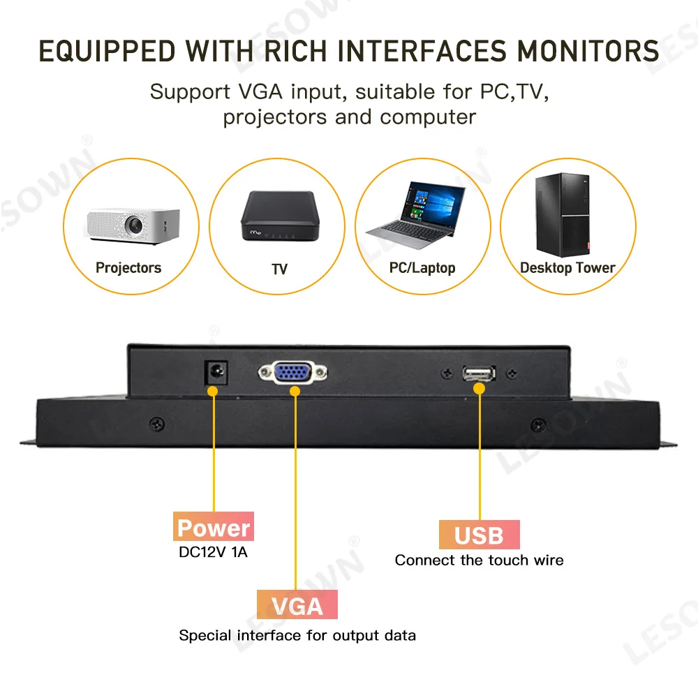 LESOWN pequeño Monitor de pantalla táctil resistivo de 12 "1024x768 4:3 VGA/USB pantalla integrada de montaje en Panel para CCTV Raspberry Pi - imagen 3