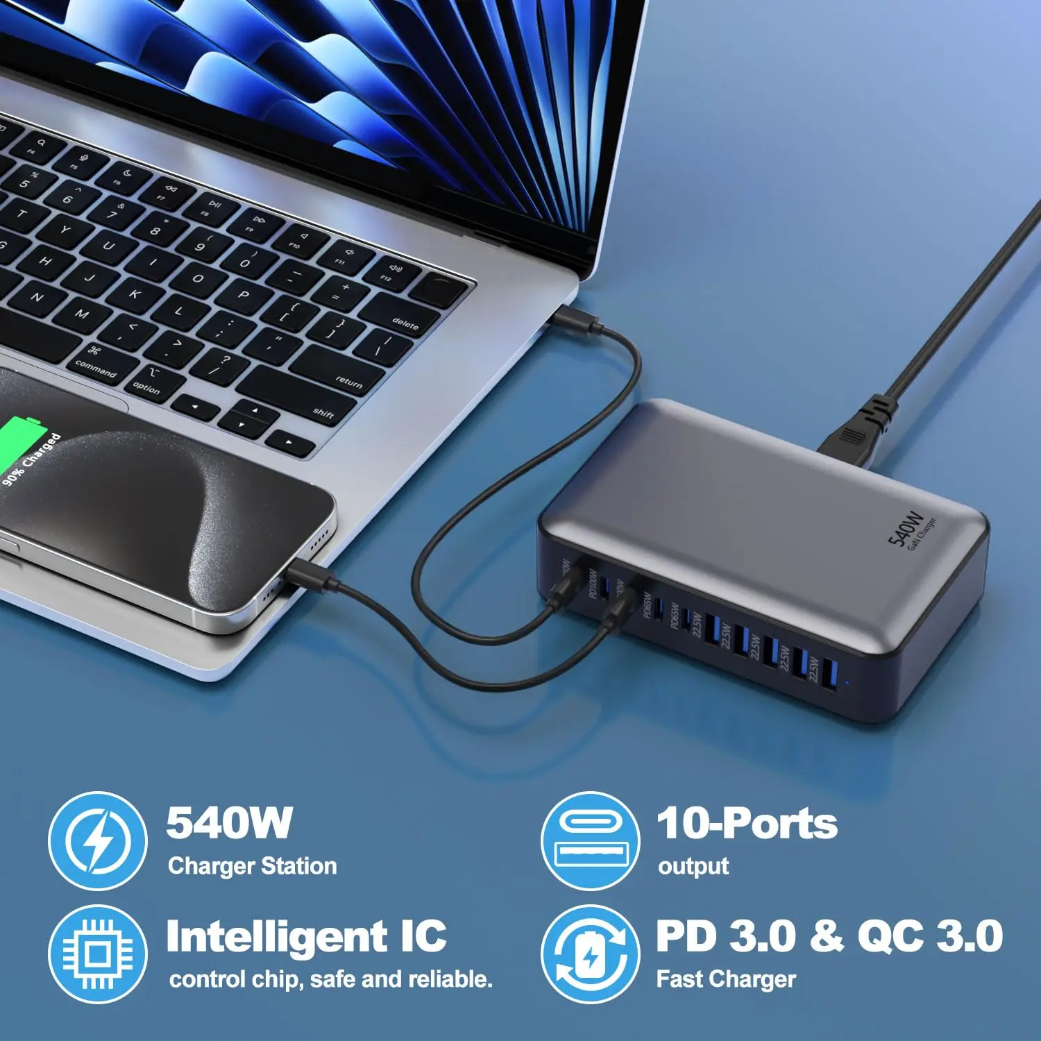Estación de carga rápida USB C de 540W, cargador GaN de alta velocidad de 10 puertos, estación de carga de escritorio para ordenador portátil,MacBook,iPad,iPhone,Samsung - imagen 3