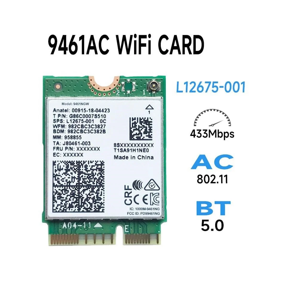 Tarjeta WiFi para Intel 9461NGW, Kit de deflector, adaptador inalámbrico, Bluetooth 9461, 2,4G/5G, banda Dual, 802.11AC, M2 Key E CNVI