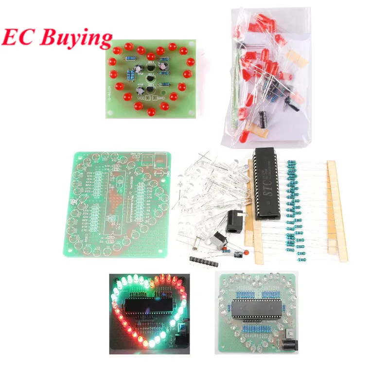 Módulo LED colorido en forma de corazón, luz de agua de amor STC89C52, diseño de piezas y componentes, Kit electrónico, tablero de práctica de soldadura