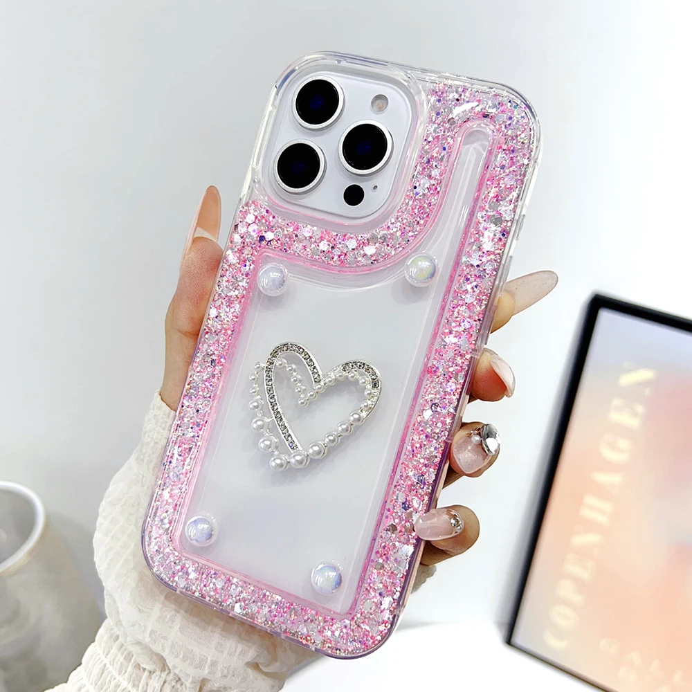 Funda de teléfono con purpurina y corazón de perla 3D para Xiaomi Redmi Note 14 13 Pro 4G 5G Plus 12 11 10 11S 10S, funda trasera de silicona suave a prueba de golpes - imagen 2