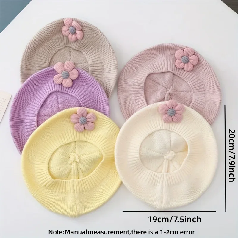Gorro de boina de flores para bebé, gorro de punto cálido para invierno para niñas pequeñas, gorros de pintor de Color sólido de artista de princesa coreano para niños pequeños - imagen 2