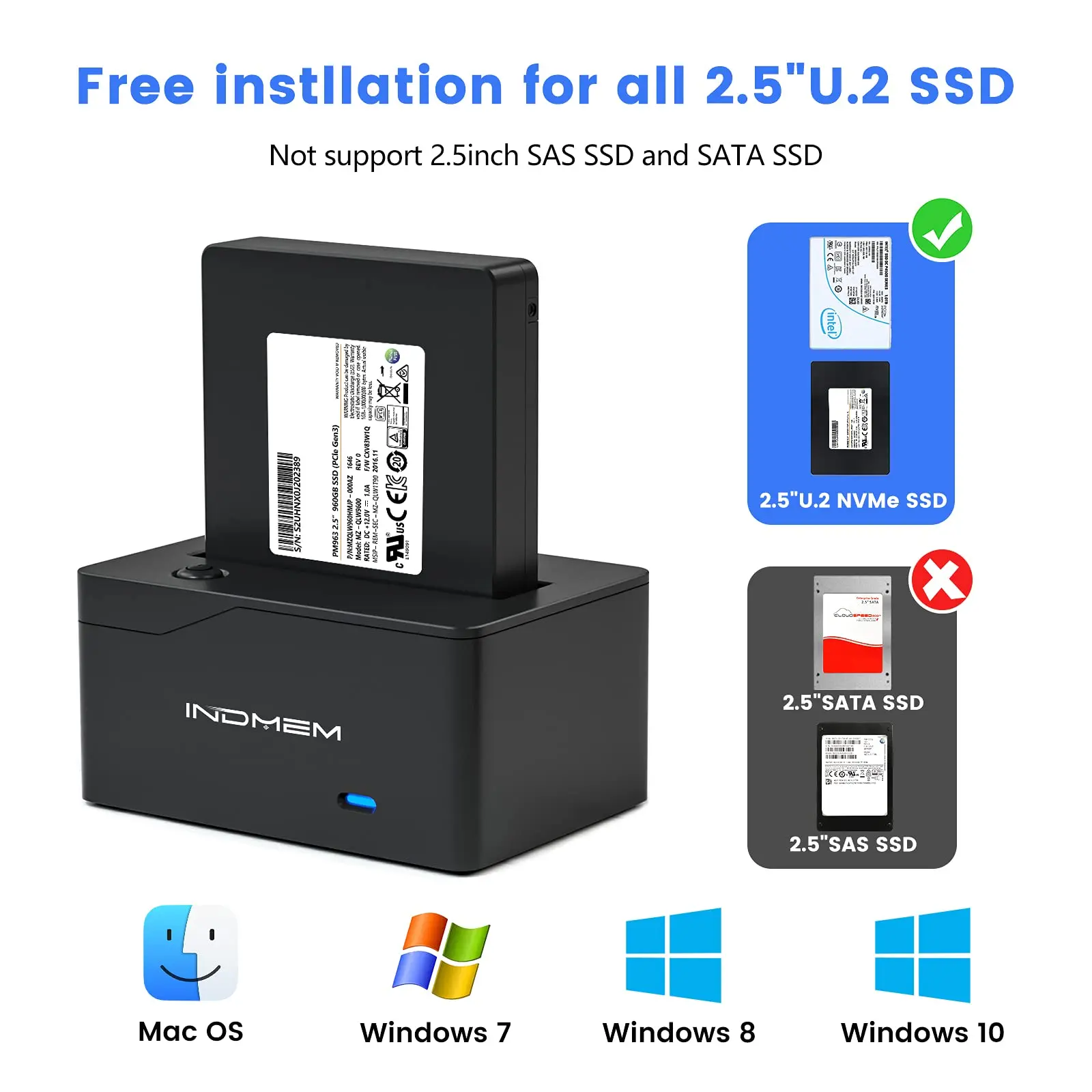 INDMEM Adaptador U.2 SSD USB-C 10Gbps Windows macOS Linux