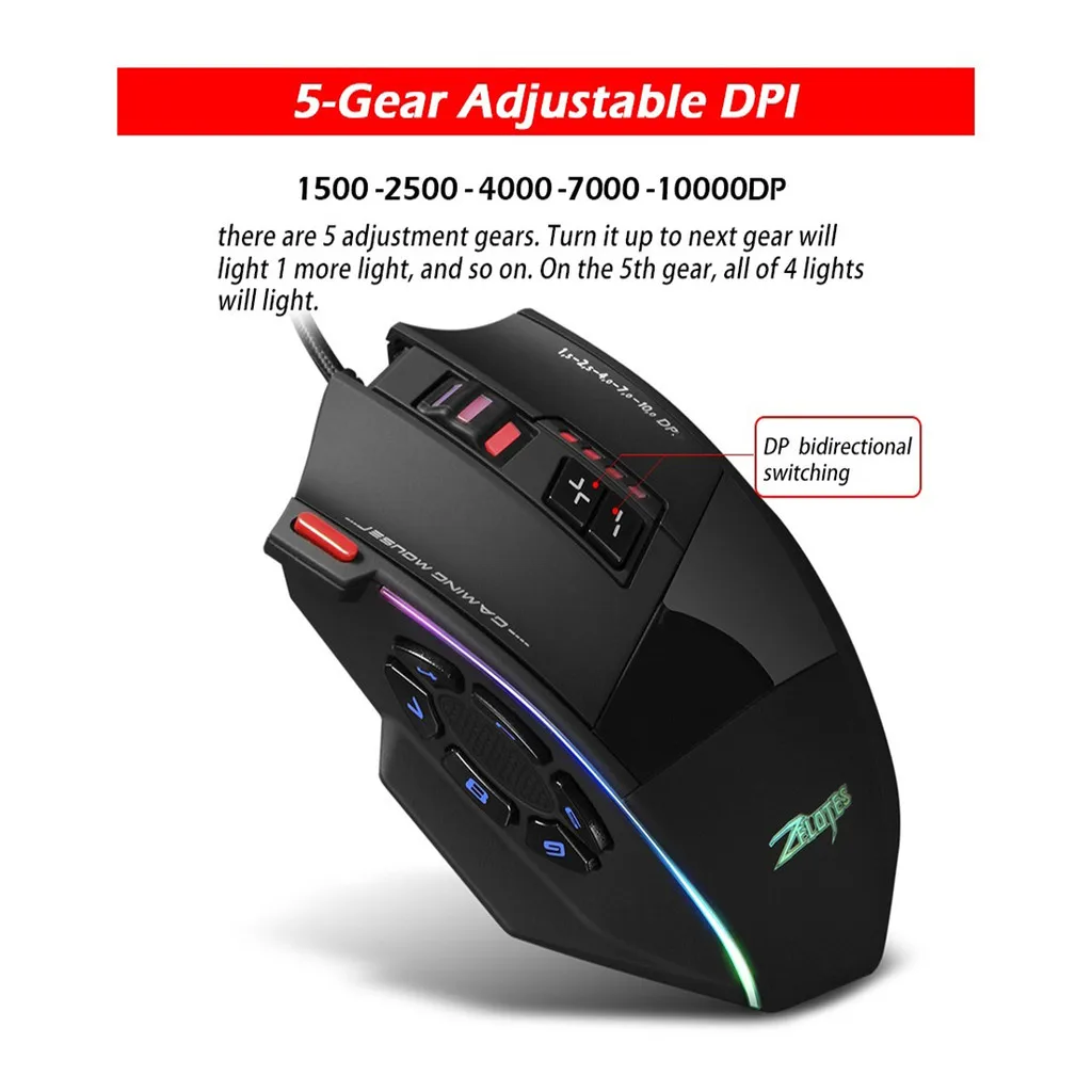Contrôleur de souris filaire USB 10000 DPI souris de jeu boutons programmables souris de joueur filaire rétro-éclairé pour Win7/8/10/11/XP - imagen 3