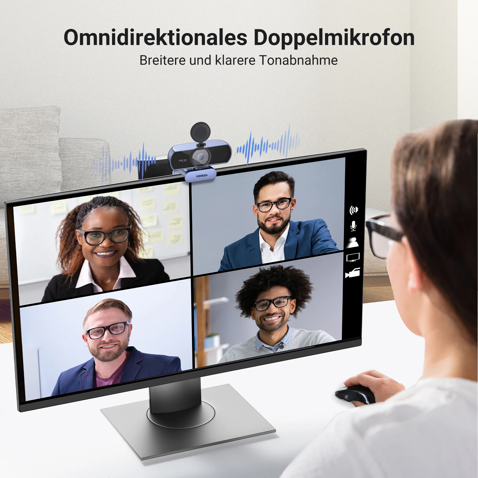 UGREEN-minicámara Web con USB, 2K, HD, micrófonos duales para Youtube, Zoom, videollamadas, 30fps - imagen 4